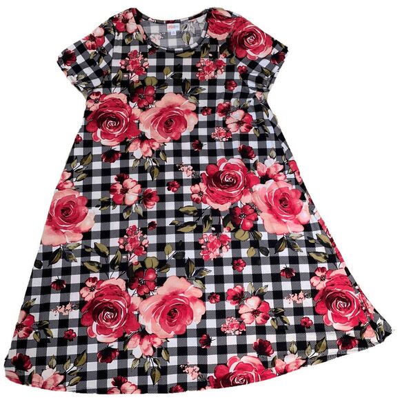 LuLaRoe Womens Dress Size XL Jessie Pink Roses Black White Plaid Floral NWT - Picture 1 of 2